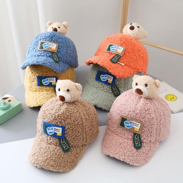 

caps & hats 1-6 year old cartoon baby hat 2021 winter cashmere bear warm boy and girl baseball cap outdoor sunshade casual, Yellow