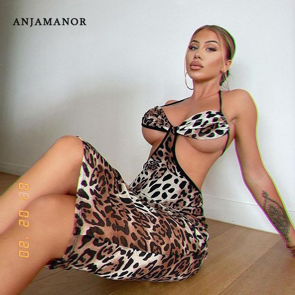 

casual dresses anjamanor vacation leopard print midi club outfits for women summer cut out backless bodycon dress d83-bb16, Black;gray