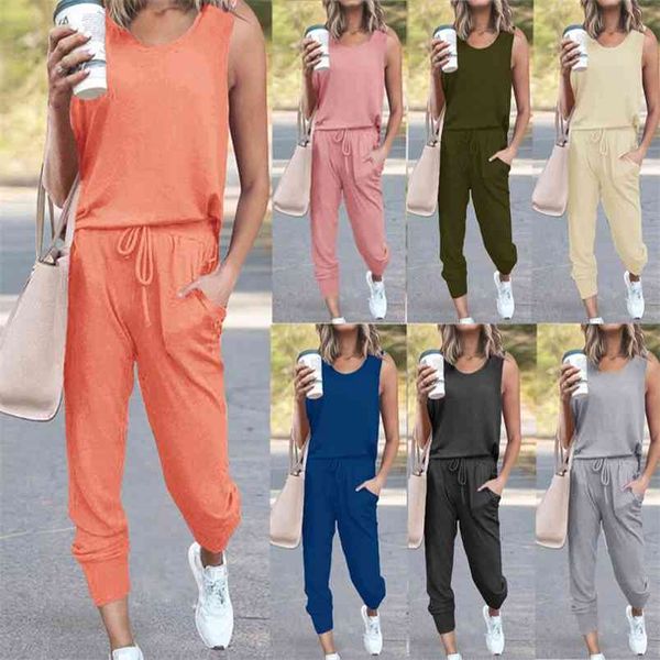 

spring summer casual loose solid color sleeveless round neck tshirt and long pants two piece set women sportwear tracksuit 210517, White