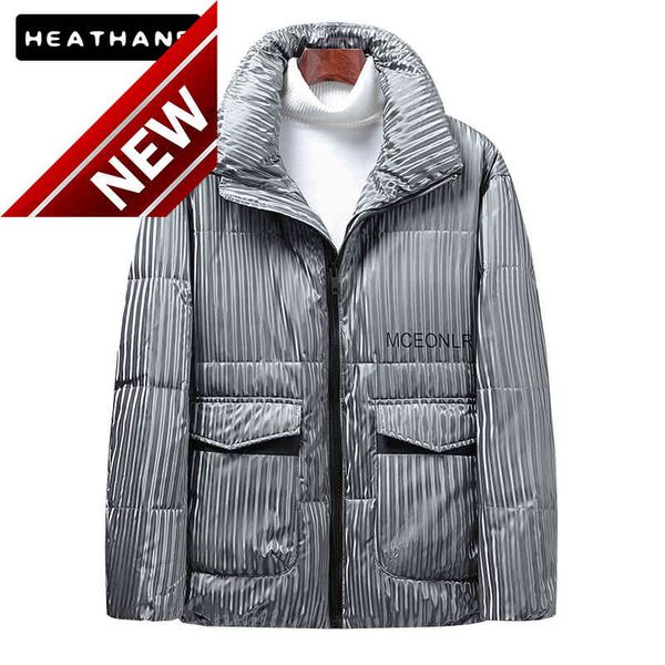 

fashion short stand collar men's white duck down jacket winter new casual striped print thickened warm coats, Black
