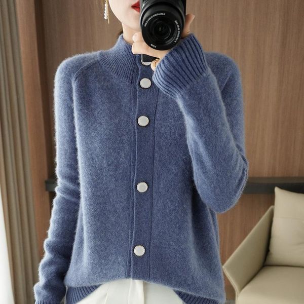 

women's knits & tees cardigan knitted sweater fall/winter long sleeve half high collar 100% wool jacket pure color casual large size to, White