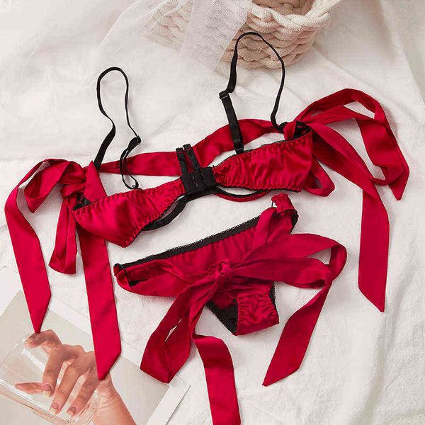 

nxy setclassic red bra set lingerie push up brassiere satin bow underwear bandage panties for women 1127, Red;black