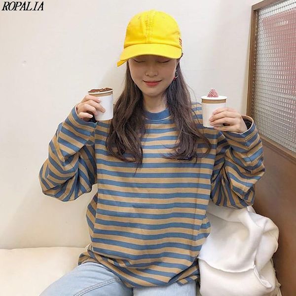 

women's t-shirt korean style casual o neck striped long sleeve loose color block retro cotton t-shirts, White