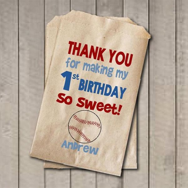 

gift wrap custom boy birthday favor bags, baseball candy first bag, buffet,