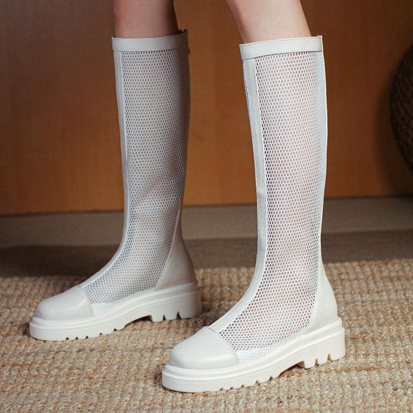

boots 2021 spring autumn women hollow mesh fashion zipper thick high heel knee summer platform shoes, Black