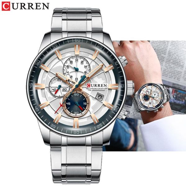 

wristwatches curren brand men business watches chronograph quartz watch stainless steel waterproof sports clock reloj hombre, Slivery;brown