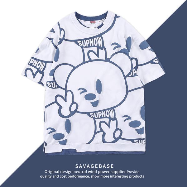 

color matching fake two short sleeve men's t-shirt 2021 summer new bear youth loose round neck t-shirt, White