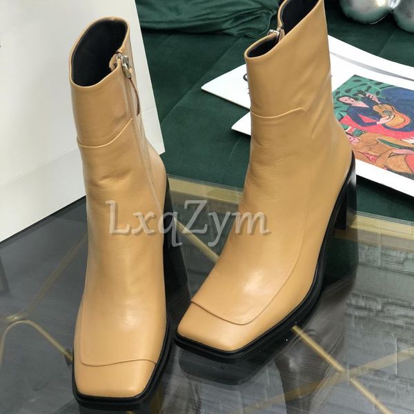 

boots brand winter 7cmhigh heel ankle zip sqaure heels ladies square toe real leather women botas mujer, Black