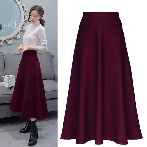 

hodisytian ins fashion women skirts a-line long maxi casual solid high elastic waist vintage femme stylish saia plus size 210708, Black