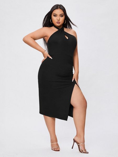 

plus tie backless split thigh halter dress 45gk#, Black