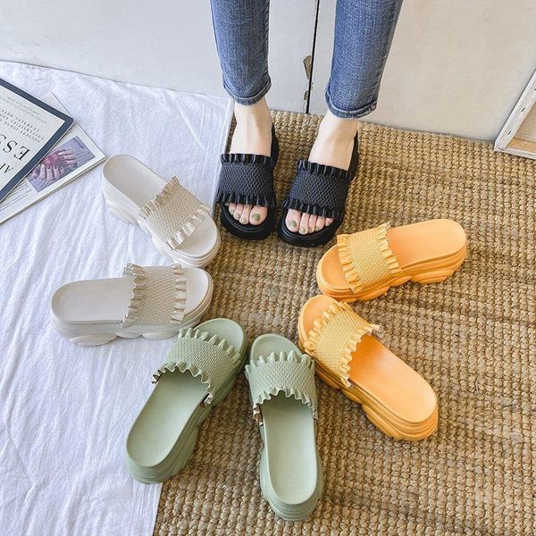 

slippers shoes low casual on a wedge slipers women slides platform luxury 2021 soft summer leisure fashion rome hoof heels ad221, Black