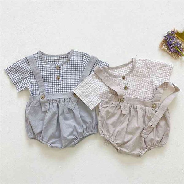 

summer infant baby boys girls grid short sleeve t-shirt + braces shorts suit clothing sets kids boy girl clothes 210521, White