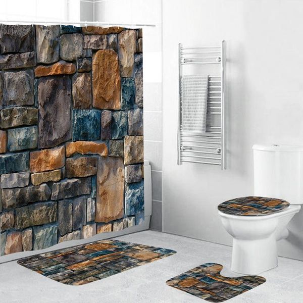 

shower curtains colorful stone wall print curtain carpet cover bath mat pad toilet 4 piece bathroom set