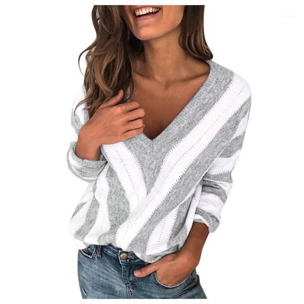 

women's t-shirt leopard v neck loose t shirt for women 2021 autumn winter fashion long sleeve plus size pullovers female striped #yl10, White