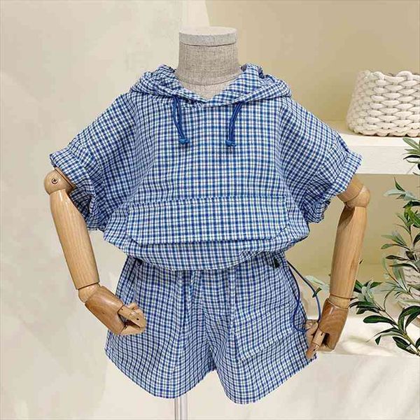 

summer boys plaid clothes hooded t shirt and shorts 2 pcs suit, White