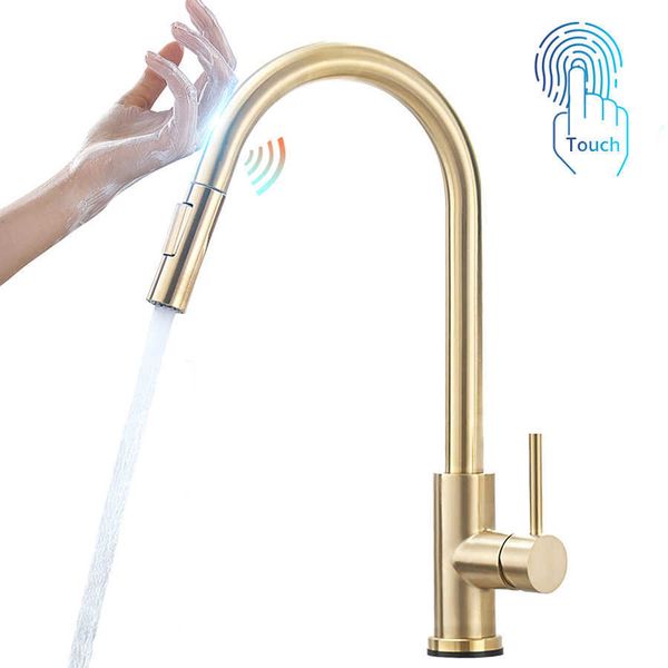 Sensor Torneiras de cozinha escovado ouro toque smart toque indutivo misturador torneira torneira Único punho de água dupla modos de água 1005J 210724