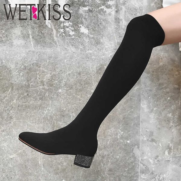 

wetkiss stretch boots women sock over the knee boot party shoes female crystal heels shoes ladies square toe shoes autumn 210630, Black