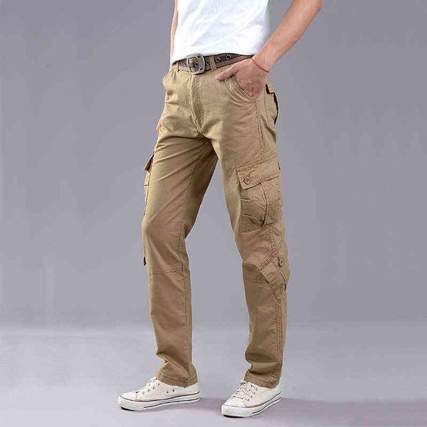 

jeans sports outdoor multi pocket loose straight overalls pure cotton casual men's pants fashion, Blue