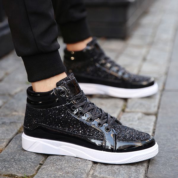 

fashion golden shiny mirrors mens shoes casual club bar glitter streetwear hip hop high men sneakers zapatos de hombre