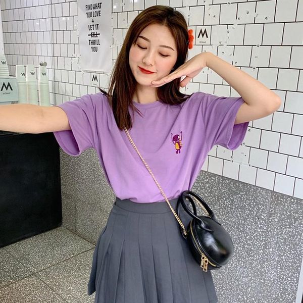 

women's t-shirt cartoon embroidery tshirt loose casual summer women ound collar short sleeve bottoming, White