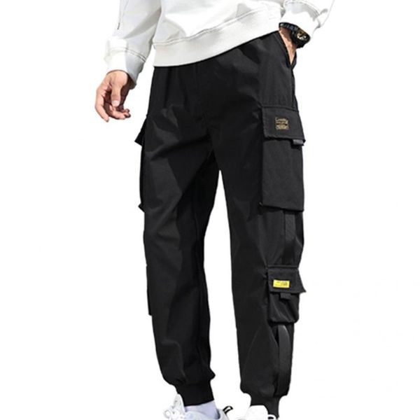 

men's pants multi pockets mens cargo all match hip hop solid color male fashion streetwear casual trousers, Black