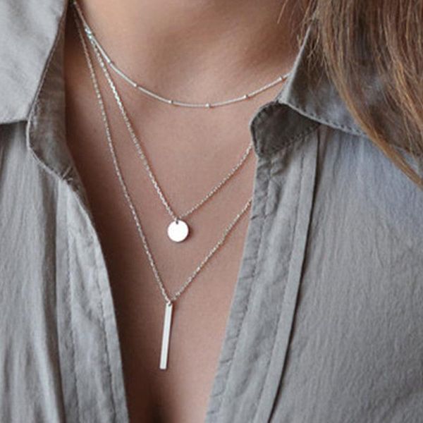 

pendant necklaces multi-layer choker y layered pearl bar for women girls, Silver