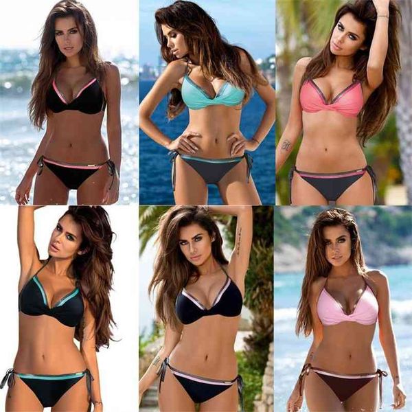 

patchwork bikini plus size push up swimwear women bathing suit solid set swimsuit 2xl 210629, White;black