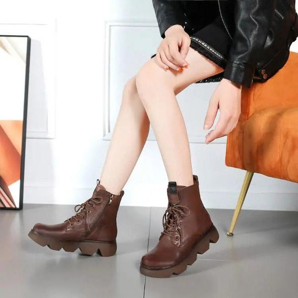 

boots soft-soled thick-soled lace-up mid-tube non-slip leather ethnic style retro winter, Black