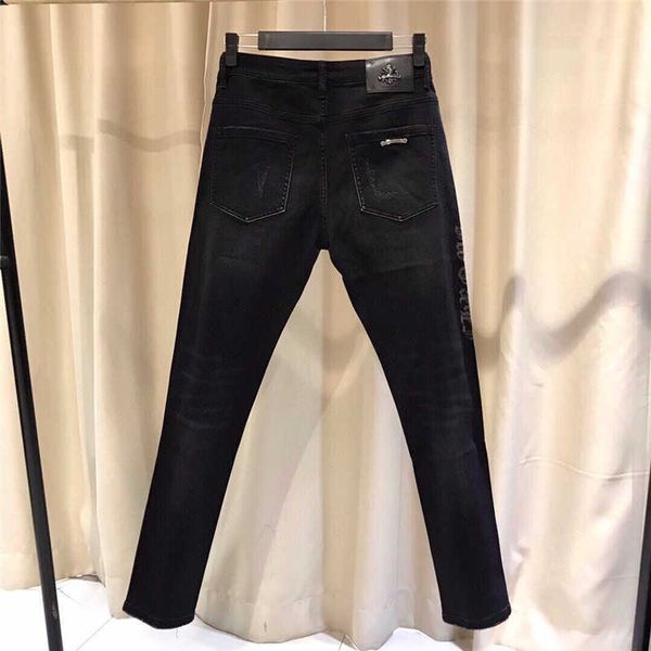 

horseshoe drill ins21 better summer reflective tide croxin men's washing hole small foot casual jeans, Blue