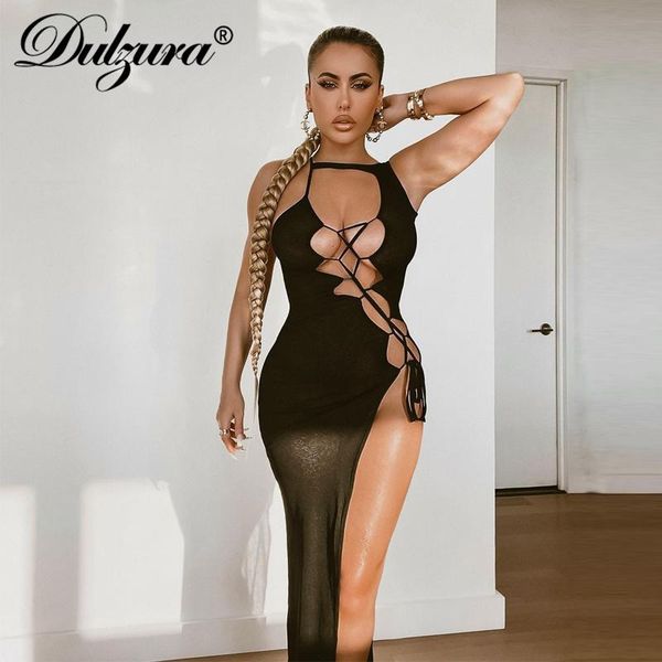 

casual dresses dulzura 2021 autumn winter women black hollow out lace up high slit midi dress sleeveless bodycon streetwear party club, Black;gray
