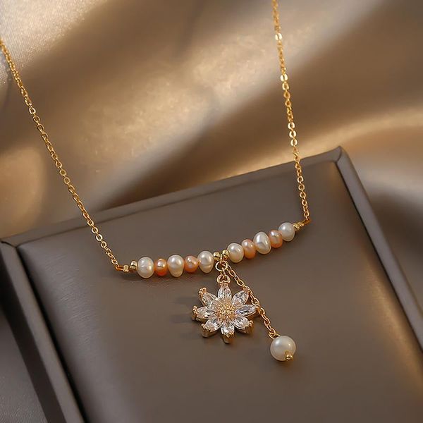 

chokers trendy 2021 mixed color real pearl necklace flower pendant cz stone gold plated stainless steel chain jewelry for women, Golden;silver