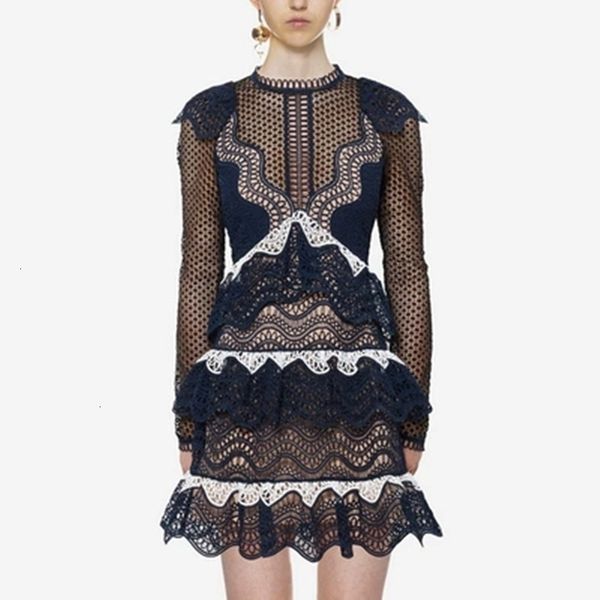 

casual dresses self portrait long sleeve lace mini dress floral hollow out sweet party patchwork women cz66, Black;gray