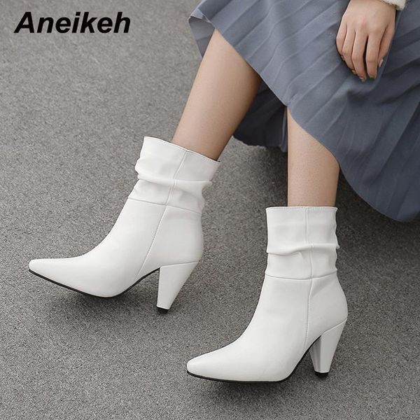 

boots aneikeh 2021 winter ankle warm plush pu soft leather pleated pointed middle heel anti slip wear-resistant women's, Black