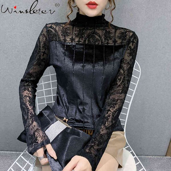 

women's t-shirt spring fall korean style girl fashion turtleneck patchwork mesh shiny diamomds women long sleeve tees t0, White