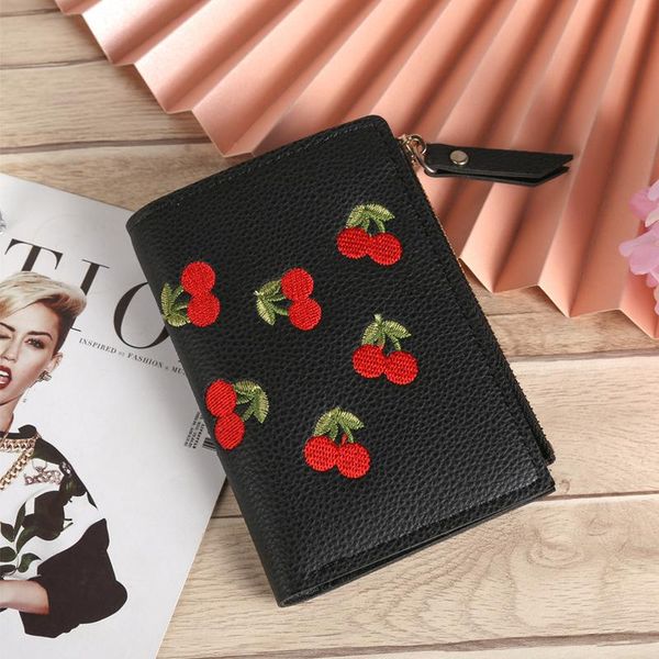 

vertical buckle cherry embroidery short fashion wallet student simple women's wallets purse for coins, White