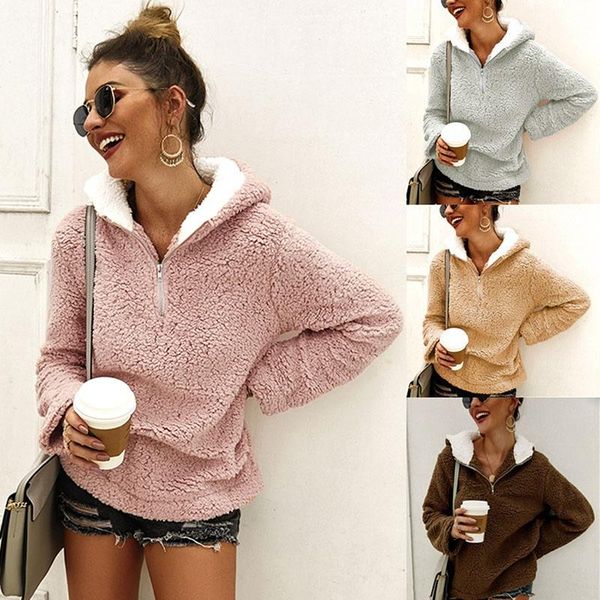 

women's sweaters warm faux fur casual oversized fluffy hoodie women fleece sweatshirts ladies plush pullovers, White;black