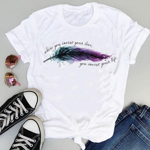 

clothing cartoon feather watercolor fashion women t shirt print graphic summer short sleeve female clothes tees, White