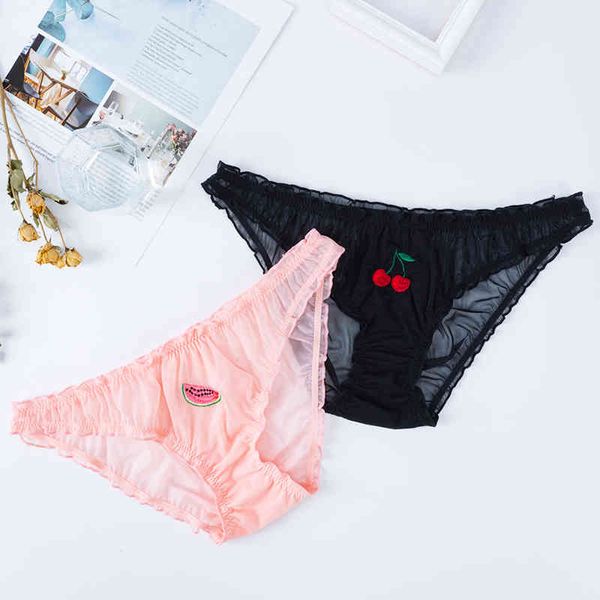 

women lace lingerie temptation low-waist panties female transparent fruit embroidery briefs sweet girls underpants, Black;pink