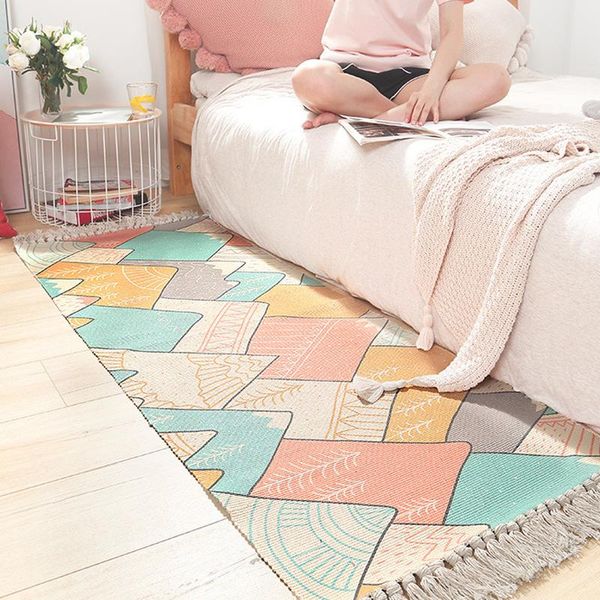 

colors ins cotton hand-woven bedside rug eco-friendly home bedroom strip tassel anti-slip mat geometric decorative carpet carpets