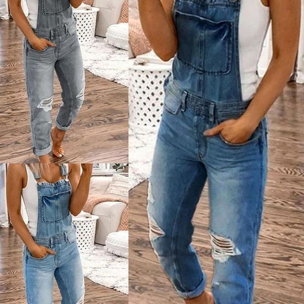 

women's jeans fashion women baggy denim cross border special bib full length overall solid loose casual jumpsuit suspender, Blue