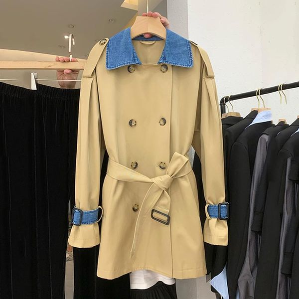 

women's trench coats [ewq] korea chic khaki coat autumn 2021 laple loose lace up waist double breasted long sleeve windbreaker, Tan;black