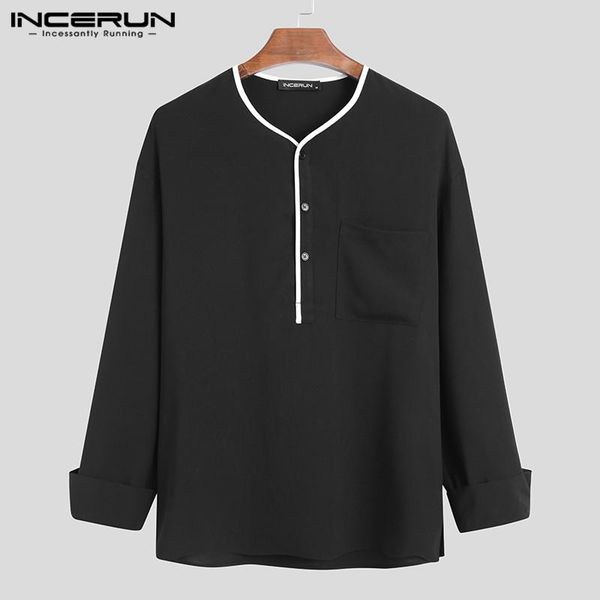 

men casual shirt v neck long sleeve patchwork blouse streetwear button korean style fashion thin camisa masculina incerun men's shirts, White;black