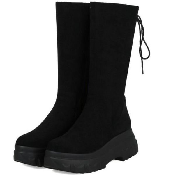 

boots sapato feminino women mid-calf wedge platform shoes woman chunky high heels lace up zip gladiator rome chaussure xz181686, Black