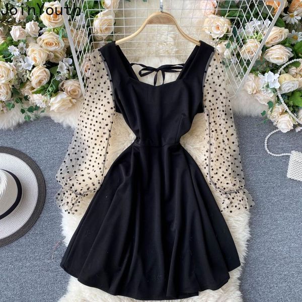 

casual dresses joinyouth women mini dress square collar lace up robe ropa mujer patchwork sleeve vestidos slim waist black, Black;gray