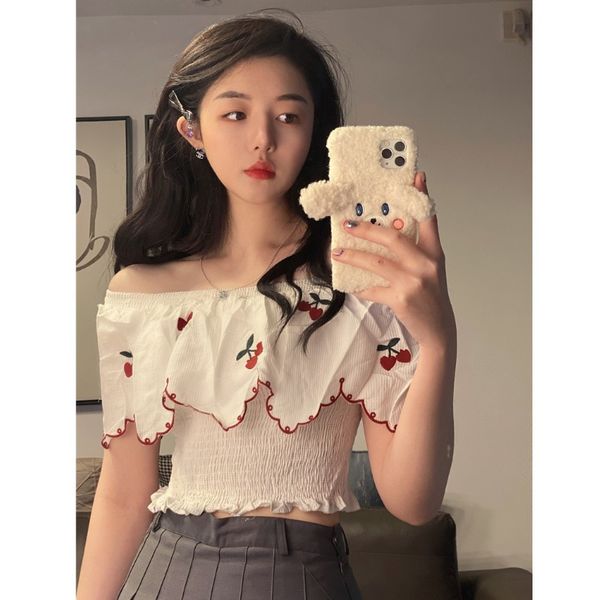 

chic korean sweet short slash neck blouse women embroidery floral pleated waist slim girls blusas mujer de fashion 210429, White