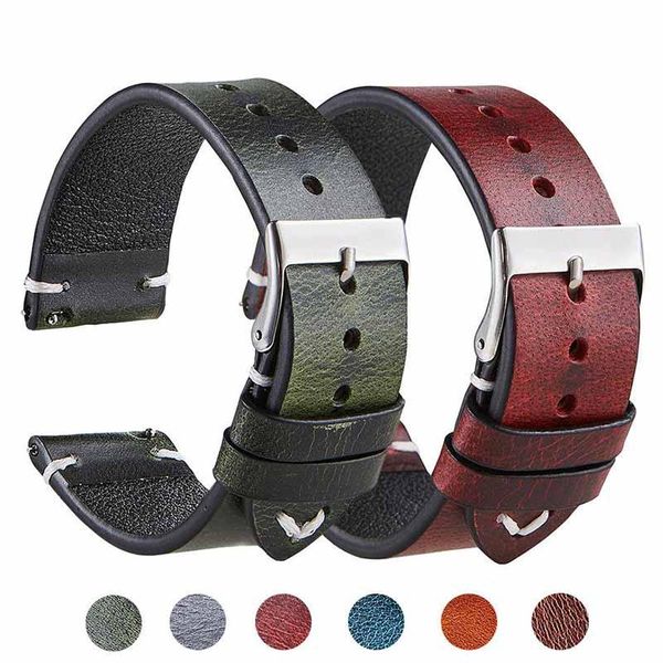 

watch bands grain leather strap 22mm 20mm quick release retro ultra-thin oil wax pull up watchbands brown blue black, Black;brown