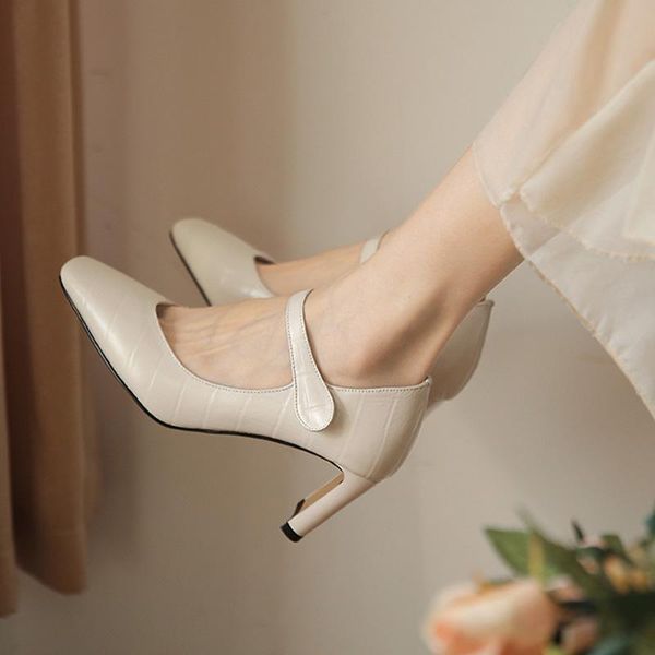 

dress shoes elegant handmade genuine leather women pumps spring autumn square toe high heels party office brown, Black