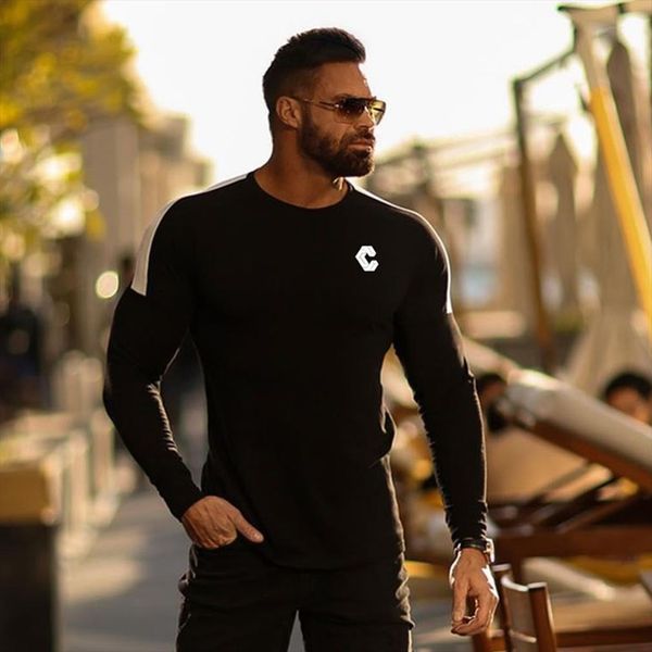

casual slim long sleeves gym mens t shirt fitness bodybuilding cotton male jogger workout black tees fashion clothes, White;black