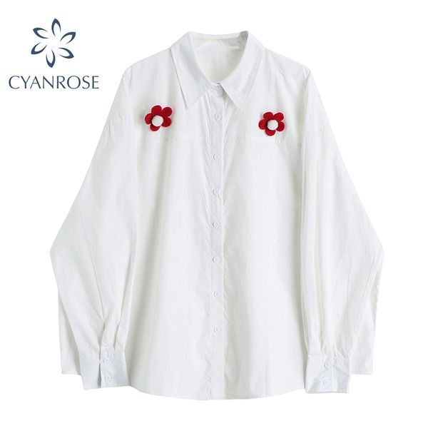 

white cardigan women's blouses 3d print flower spliced loose sweet shirts female long sleeve fashion streetwear ins blusas 210417