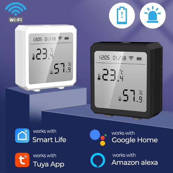 

smart home control wifi temperature sensor humidity detector lcd screen weather station alarming set indoor hygrometer thermometer for alexa